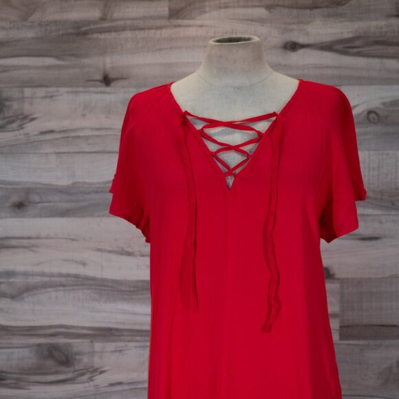 Madewell Cherry Red Dress Lace Up V-neck Flutter Sleeve - Picture 2 of 6